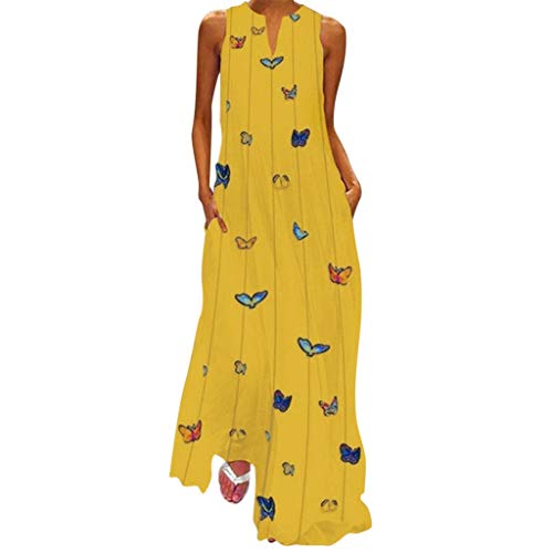 Women Long Maxi Dress Butterfly Printed Vintage  Sleeveless Striped Dress