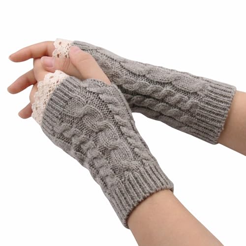 Image of Kraptick Women's Cable Knit Fingerless Gloves - Winter Arm Warmers with Elegant Lace Trim & Thumb Hole - Soft Woolen Thermal Half Finger Mittens for Typing, Driving & Office Work (Free Size, khaki)-1
