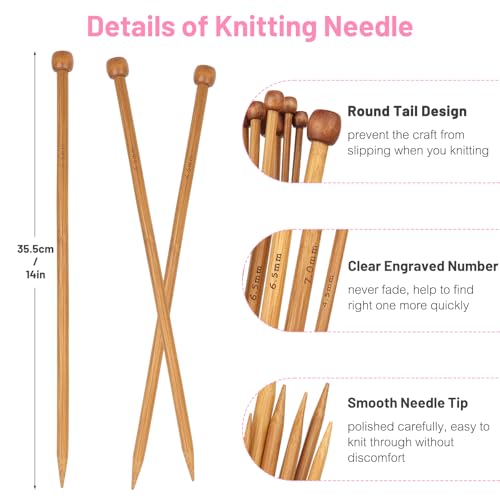 Image of Aeelike 18 Pairs Bamboo Knitting Needles Set - 14 Inches Wooden Knitting Needles Single Point with Flower Roll Bag - Portable Knittings Needle Set for Beginners (2mm - 10mm)