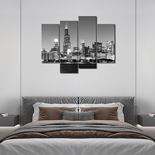 Chicago City 4 Pieces Modern Canvas Painting Wall Art The Picture For Home Decoration View Of Chicago Skyline At Night In Black And White Place Cityscape Print On Canvas Giclee Artwork For Wall Décor #TOP5