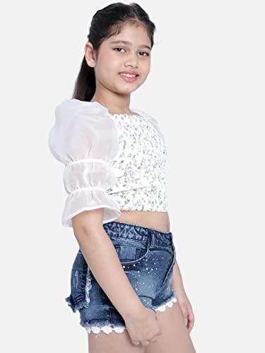 Image of Natilene White Floral Print Square-Neck Ruched Cropped Blouson Top with Short Bishop Sleeves for Girls