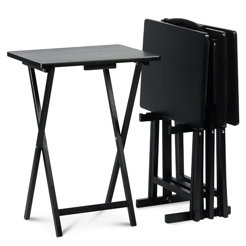 Image of PJ Wood Multifunctional Rectangular Folding and Collapsible Solid Wood TV Tray Snack Tables with Compact Storage Rack, Set of 5, Black