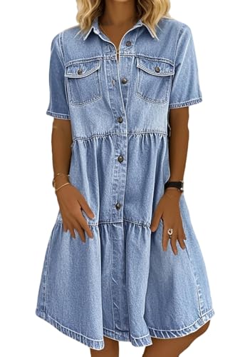 Image of chouyatou Women Summer Casual Button Down Midi Denim Shirt Dress Cute Distressed Tiered Ruffle Jean Dress