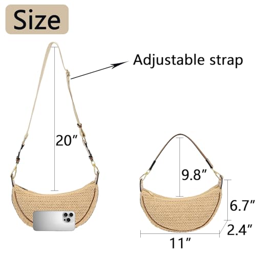 Image of Straw Crossbody Bags for Women Crescent Woven Shoulder Handbag Summer Beach Hobo Purses with Adjustable Strap Khaki