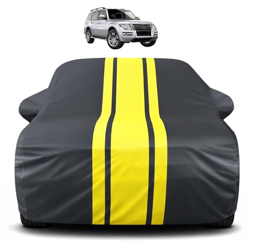 Image of Auto Hub Car Cover Compatible with Mitsubishi Pajero Old with Mirror Pocket, Soft Cotton Lining, Pajero Car Cover Waterproof - Yellow-Black