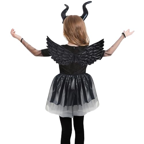 GugnRyAc 3 Pcs Maleficent Costume for Girls, Witch Devil Dress Up Outfit with Horn, Wings, Tutu Skirt for 3-10y Kids Carnival Cosplay Halloween Costume - Image 2