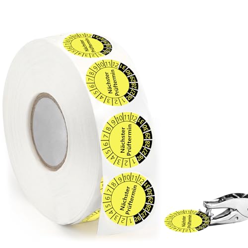 1000 Stück Nächster Prüftermin Prüfplaketten 20mm Mehrjahresprüfplaketten 2026-2031 Selbstklebend Prüfsiegel Elektrogeräte Stanz Zange Prüfplaketten Gelb Wartungsetiketten für Prüfung