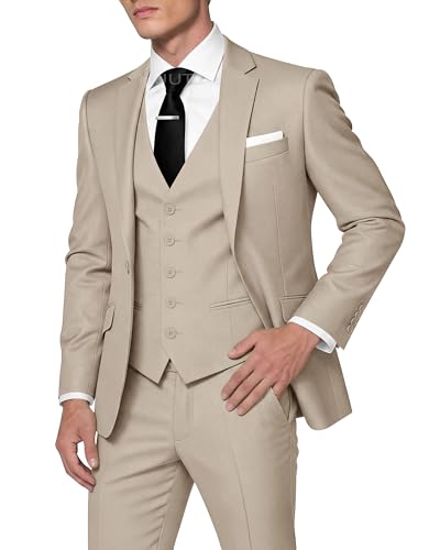 HUUTOE Mens 3 Piece Slim Fit Beige Suits for Men Beige Prom Suits for Men-Veste Pour Homme Tan 3 Piece Tuxedo Set for Jacket Vest Pants 2025