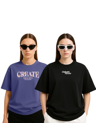 Image of Women's Oversized Cotton Blend Graphic T-Shirt Combo (Pack of 2) | Baggy Fit, Drop Shoulder, Half Sleeves | Sizes S to 2XL