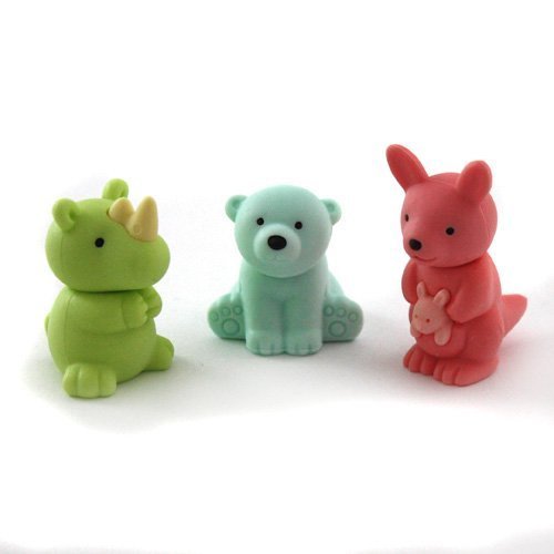 Iwako Japanese Erasers Green Rhino, Blue Polar Bear and Pink Kangaroo
