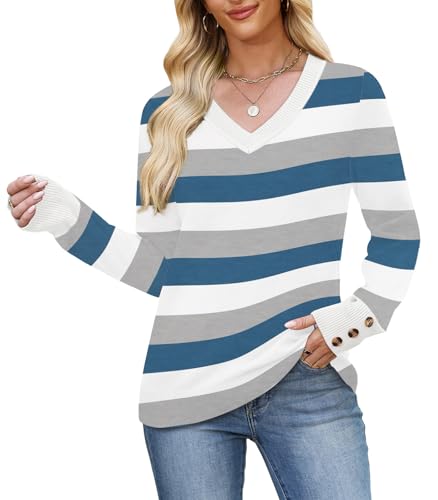 Image of WIHOLL Lightweight Sweaters for Women Long Sleeve V Neck Knit Outfits with Decorative Buttons