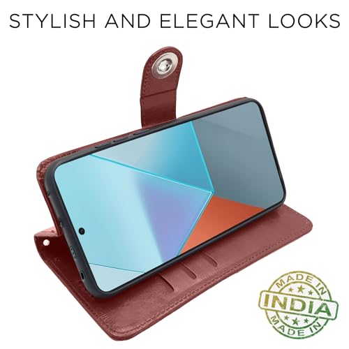 Image of Pikkme Redmi Note 13 Pro 5G Flip Cover Leather Finish | Inside TPU with Card Pockets | Wallet Stand and Shock Proof | Complete Protection Button Flip Case (Brown)