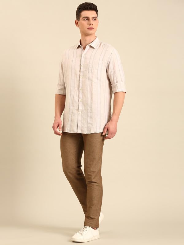 Image of Linen Club Men's Linen Rich Pink Striped Contemporary Fit Full Sleeve Casual Shirt