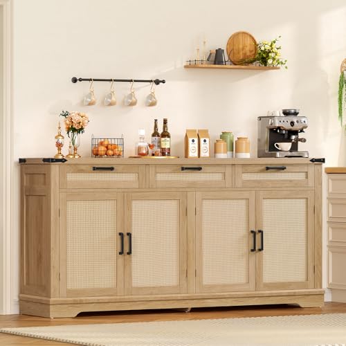 Image of usikey 61” Large Buffet Cabinet with Storage, Sideboard Cabinet with 4 Doors and 3 Drawers, Farmhouse Buffet Table, Dining Room Storage Cabinet for Kitchen or Living Room, Natural