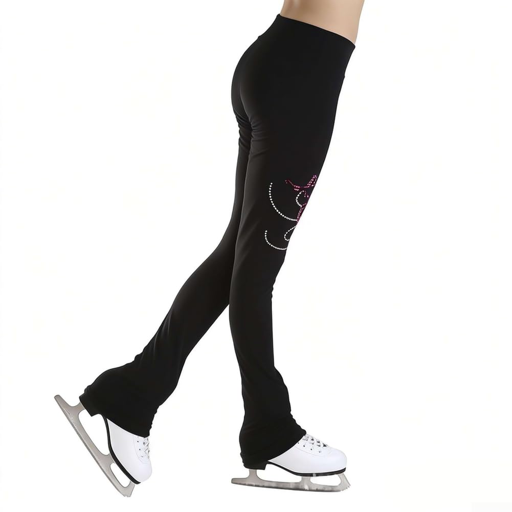 Pantaloni da allenamento da donna per pattinaggio artistico con strass, leggings impermeabili traspiranti per pratica e competizione, collant da ginnastica ad alta elasticità, colore nero