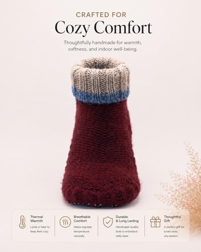 Image of Tibetan Socks Wool Hand Knit Fleece Lined Mid Bootie Slipper Sock Non Slip Sole