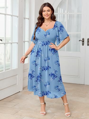 Image of SHESTARR Women's Plus Size Midi Dress Sweetheart Neck Short Sleeve Wedding Guest Cocktail A Line Flowy Dress