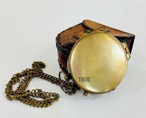 Brújula de bolsillo estilo astrolabio marina de latón antiguo hecha a mano con estuche de cuero miniatura 3