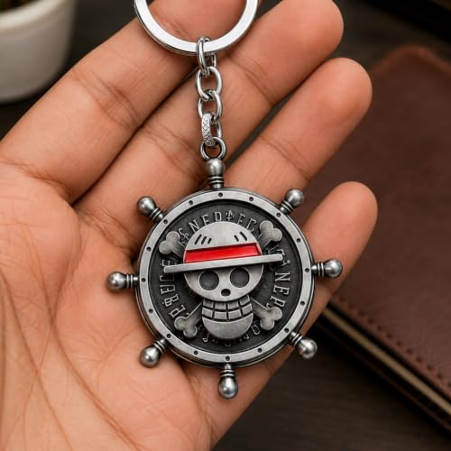 Image of One Piece Anima Manga Pirate Flag Logo Wheel Rotating Heavy Metal Keychain,|Anime Key ring| Perfect Keychain For Anime Lover|car Bikes Gold & Grey Combo pack