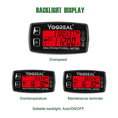 Yooreal Hour Meter Tachometer Engine Temperature Gauge,Temp Alert,User Shutdown,Removable Temp Probe For Scooter Snowmobile Mini Bike Motorcycle Lawn Mower Generator Dump Truck #TOP4