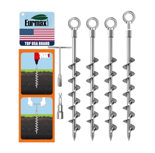 Image of Eurmax USA 4-Pack Screw in Ground Anchors,Detachable Spiral Tent Stakes,Heavy Duty Rust Proof Metal Trampoline Anchors with Drill Bit Adapter&T-Handle Tool for Canopy,Tent,Trampoline,Swing Set(Silver)