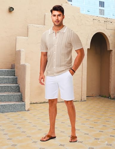 LETSEE Mens Short Sleeve Button Down Shirts Knit Polo Shirt Summer Beach Tops Resort Wear 20254