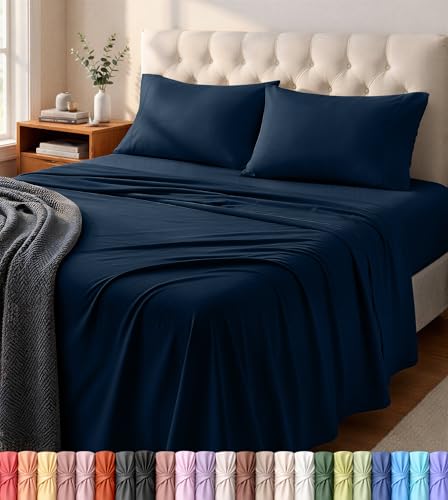 Utopia Bedding Queen Sheet Set - Jersey Knit Sheets 4 Piece – Cotton – Soft T-Shirt Stretchy Sheets (Queen, Navy)