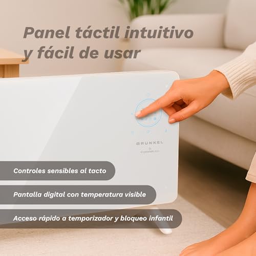 GRUNKEL - Emisor Térmico GP-2000CT 2000W | Panel Digital con Wi-Fi | 3 Niveles de Potencia | Programación 24H | Termostato Regulable | App Móvil | Panel de Cristal | Bloqueo Infantil - imagen 8