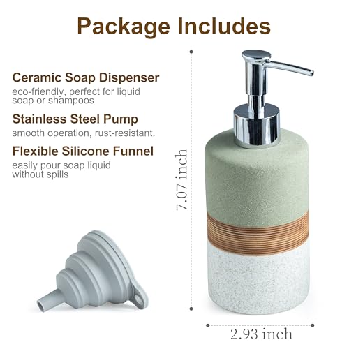 Image of Ceramic Dish Soap Dispenser for Bathroom Shower Hand Soap Dispenser | Refillable Shampoo and Conditioner Bottle, Stainless Steel Pump, Silicone Funnel | Non-Slip Lotion Dispenser, Green and White