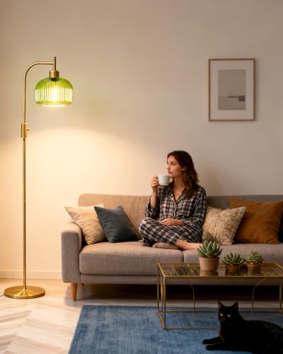 Image of Lightdot 64IN Glass Floor Lamp for Living Room, Dimmable Modern Standing Lamps with Emerald Green Ribbed Glass Lampshade&(Bulb Included), Industrial Floor Lamp for Bedroom Office /
