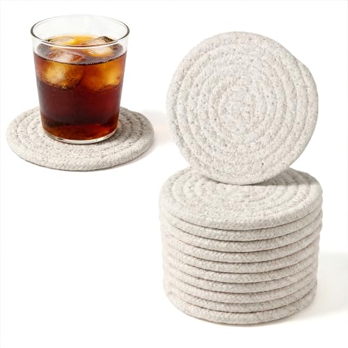 Image of Encasa XO Drink Coasters Set of 12 | Off White with Round (9 cm) | Handcrafted Ribbed Cotton | Absorbent & Heat-Resistant | Use for Tea, Coffee Table & Desk