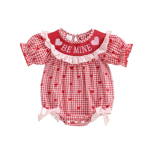 ZIXILOVGIR Baby Girl Valentines Day Outfit Love Heart Ruffle Bubble Romper Short Sleeve Plaid Jumpsuit Cute Smocked Clothes (Be Mine-Red 3-6 Months)