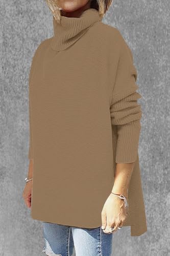 Image of Women's Turtleneck Oversized Sweaters Long Sleeve Split Hem Striped Knit Pullover Tops