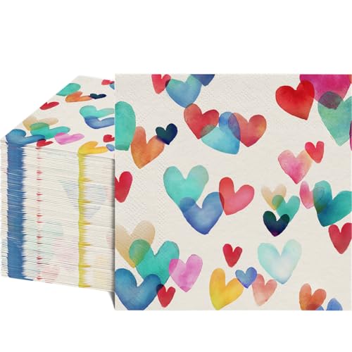 80Pcs Heart Paper Napkins - 2-Ply Decorative Disposable Guest Napkins for Birthday Valentines Day Baby and Bridal Shower Decor 6.5 x 6.5 Inch Colorful Heart Decoration Theme Table Decor