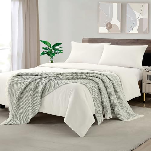 CREVENT Farmhouse Boho Strickdecke für Couch, Sofa, Sessel, Bett, Wohnraumdekoration, weich, warm, kuschelig, leicht, für Frühling, Sommer, Herbst (127 cm x 152 cm, Waffelgrün) – Bild 2