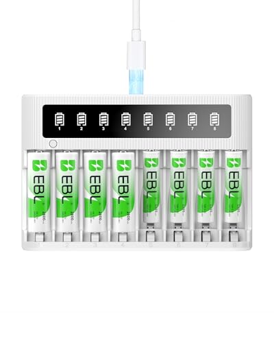 EBL LCD Chargeur de Piles Rechargeables- avec 4PCS AA 2800mAh et 4PCS AAA 1100mAh Piles Rechargeables, Charge Rapide 5V/2A, avec Fonction de Décharge