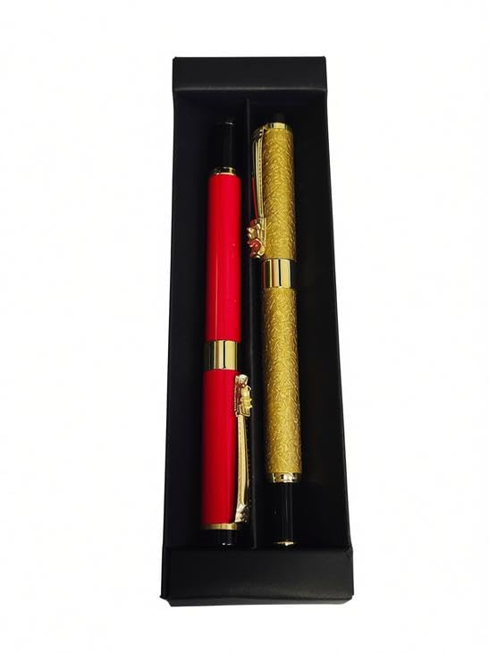 Luxury Rollerball Pens Set, Red and Gold, Dragon Clip Design, Gift Box, 2 Pack – 2 Metal Pens in Black Gift Box – Elegant Writing Instruments, Perfect Business Gift for Professionals (Men & Women)