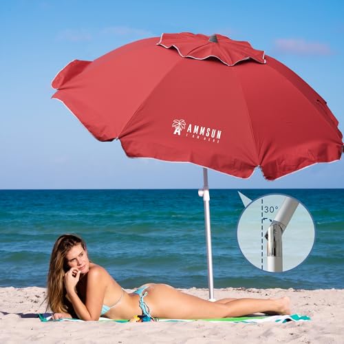 Image of AMMSUN 7ft Beach Umbrella with Sand Anchor & Tilt, UPF 50+ UV Protection, Windproof Fiberglass Ribs, Portable Lightweight Outdoor Umbrella with Carry Bag for Beach, Patio, Pool, Camping Red