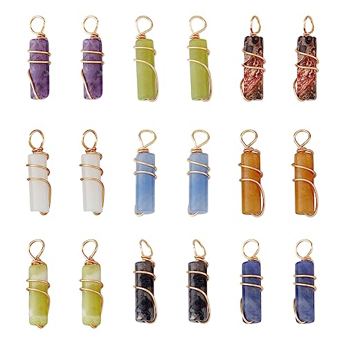 SUPERFINDINGS 18Pcs 9 Styles Gemstone Pendants Column Natural Mixed Stone Charms with Light Gold Copper Wire Wrapped Crystal Stone Pendants Charms for Earring Necklace Bracelet Jewelry Making