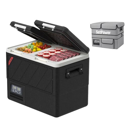 Image of Setpower DT45 Electric Cooler Car Refrigerator With Cover,45L Dual Zone Portable Freezer Fridge,Portable Car Fridge,12 Volt Refrigerator for Car,RV,Truck,Vehicles,Travel and Home Use