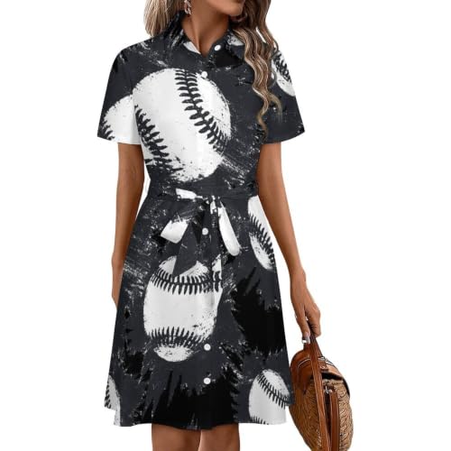 Robe chemise vintage style baseball midi à manches courtes pour femmes