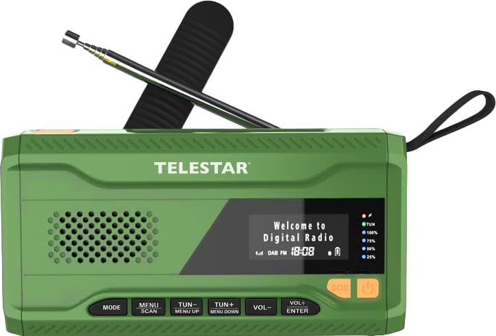 TELESTAR TOP NR 5 – Radio di emergenza (radio compatta a manovella, batteria da 4.000 mAh, pannello solare, funzione powerbank, torcia) – Verde