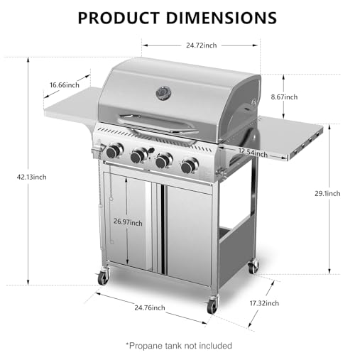 4-Burner Propane Gas Grill with 304 Stainless Steel Cooking Grid, Hanging Hooks/Heat-Resistant Handle, 32000BTU Stainless Steel BBQ Grill with Portable Wheels for Camping/Patio/Backyard - Image 4