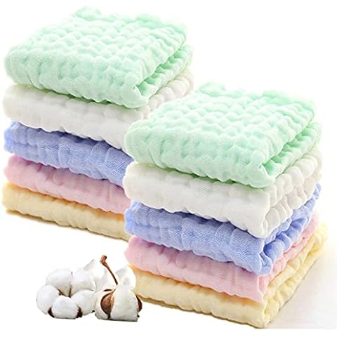 CNZON Baby Muslin Washcloths 10 Pack for Baby's Sensitive Skin, 6-Layer Cotton Bath Towel, Soft Newborn Baby Face Wipes, Great Shower Gift, 25 x 25CM Cover