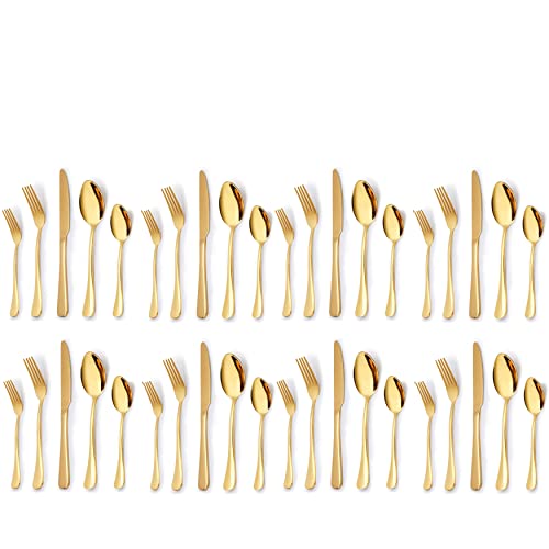 Image of aDai Combo Set of 40 Premium Gold Cutlery - Stainless Steel Luxury Dinnerware Tableware - Round Edge Serving Spoon Fork Knife - Reusable Mirror Finish for Home Kitchen Dining Table and Gift