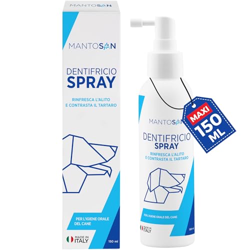 Mantosan Dentifricio Spray per Cani 150ml per Pulizia Denti Gengive Tartaro Alitosi con Clorexidina Olio di Neem Menta Rinfresca Alito Contrasta Tartaro Lenisce Gengive Igiene Orale Senza Risciacquo