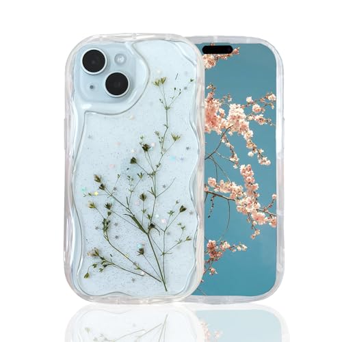 Image of KC Back Cover for Redmi 13C 5G - Curly Wave Flexible Floral Dried Pressed Epoxy Real Flowers Dry Fixed Glitter Soft Silicone Camera Protection Case (Transparent)