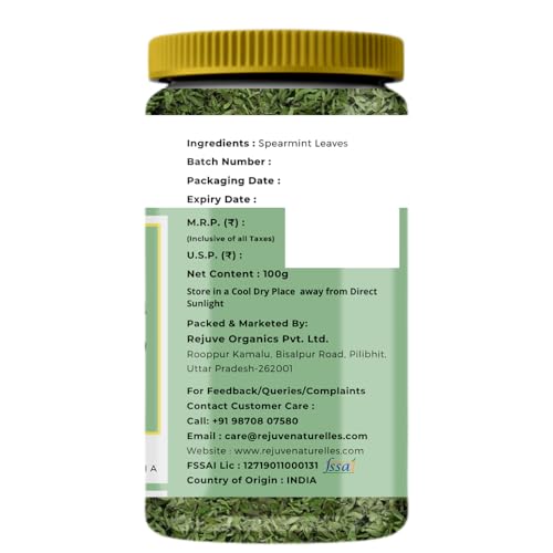 Rejuve Naturelles Premium Spearmint Tea | Freshly Packed And Natural Herbal Tea For Pcos,Pcod | Caffeine-Free | Premium Pet Jar (100 Gram)