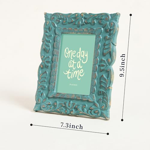 Image of Chumbak Victorian Jharoka Hand-Carved Resin Photo Frame Small | Green Teal | Table & Wall Display | Boho Home Decor | Fits 4x6 Photo | Unique Housewarming & Birthday Gift
