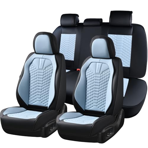 Image of Coverado Leather Seat Covers, Car Seat Covers Full Set, Waterproof Nappa Leather Car Seat Cover, Car Seat Protectors 5 Seats, Black & Blue Automotive Seat Covers Fit for Most Cars Trucks